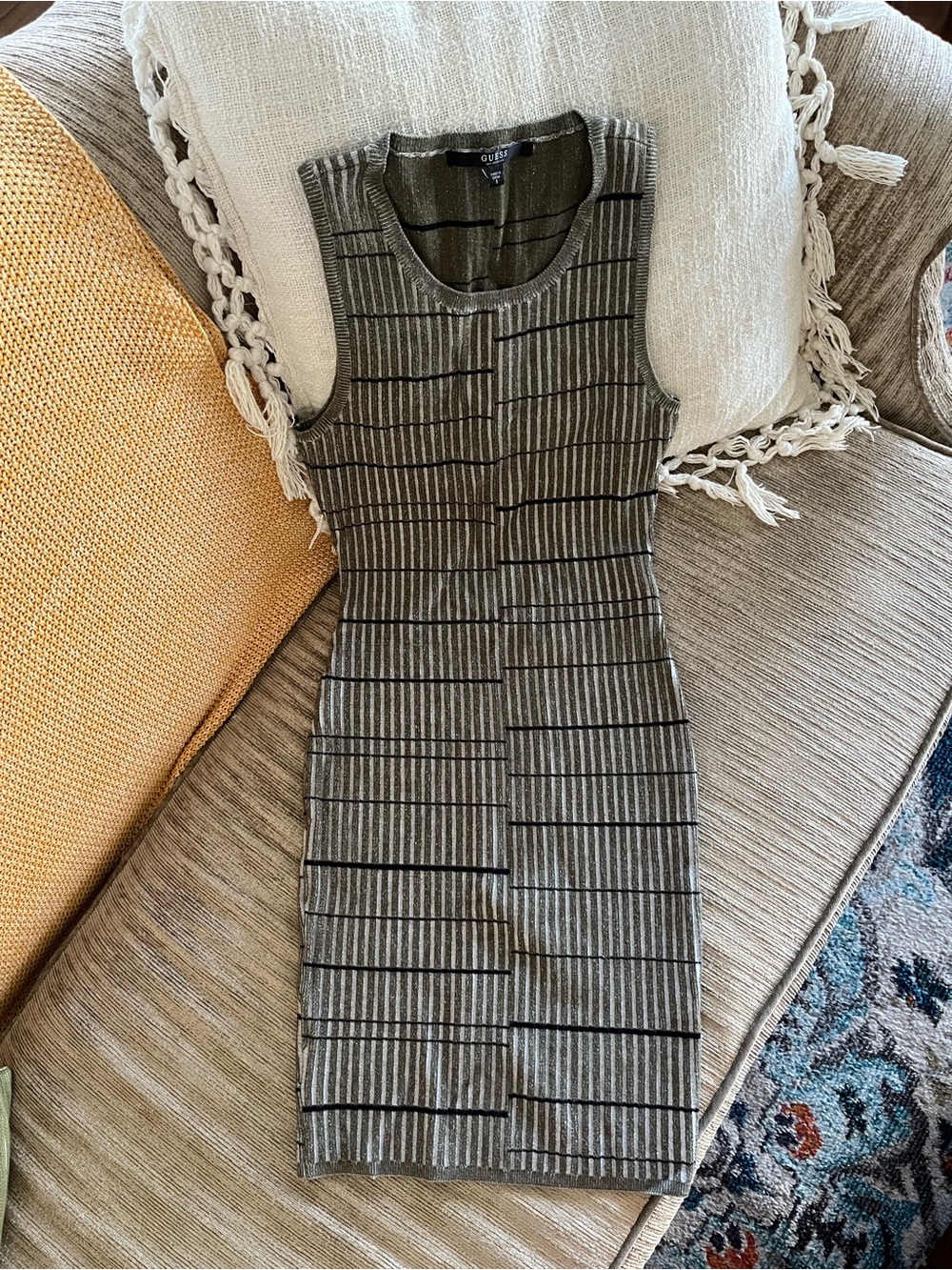 GUESS Olive Green Striped Ribbed Mini Dress
